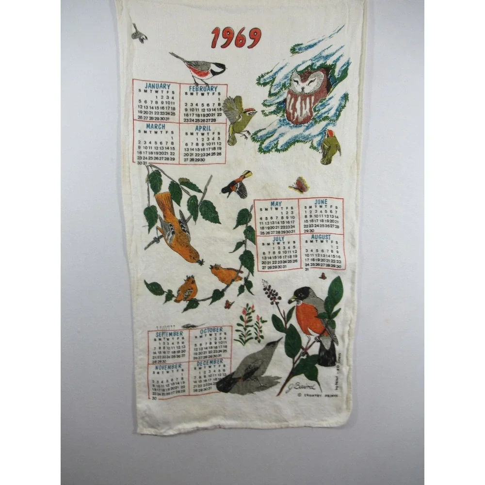 Vintage 1969 Calendar Linen Tea Towel Hand Printed Birds J Baird Country Prints